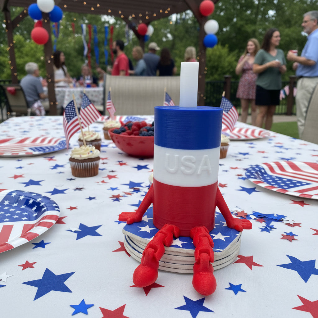 Red, white and blue Bomb Pop for your party decoration! Put a small LED light under for a warm glow.